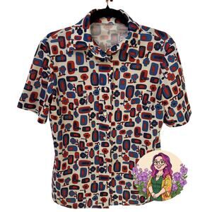 VTG 70s Red Blue Mod Geometric Floral Blouse Dagger Collar Disco Kitsch Retro